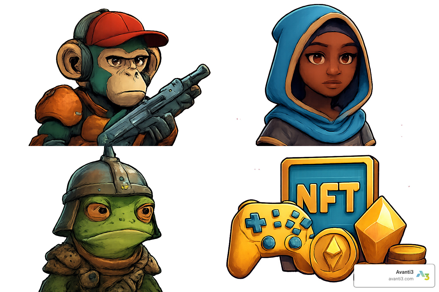 Different types of NFTs that can be staked including art, gaming, and collectibles - NFT staking rewards