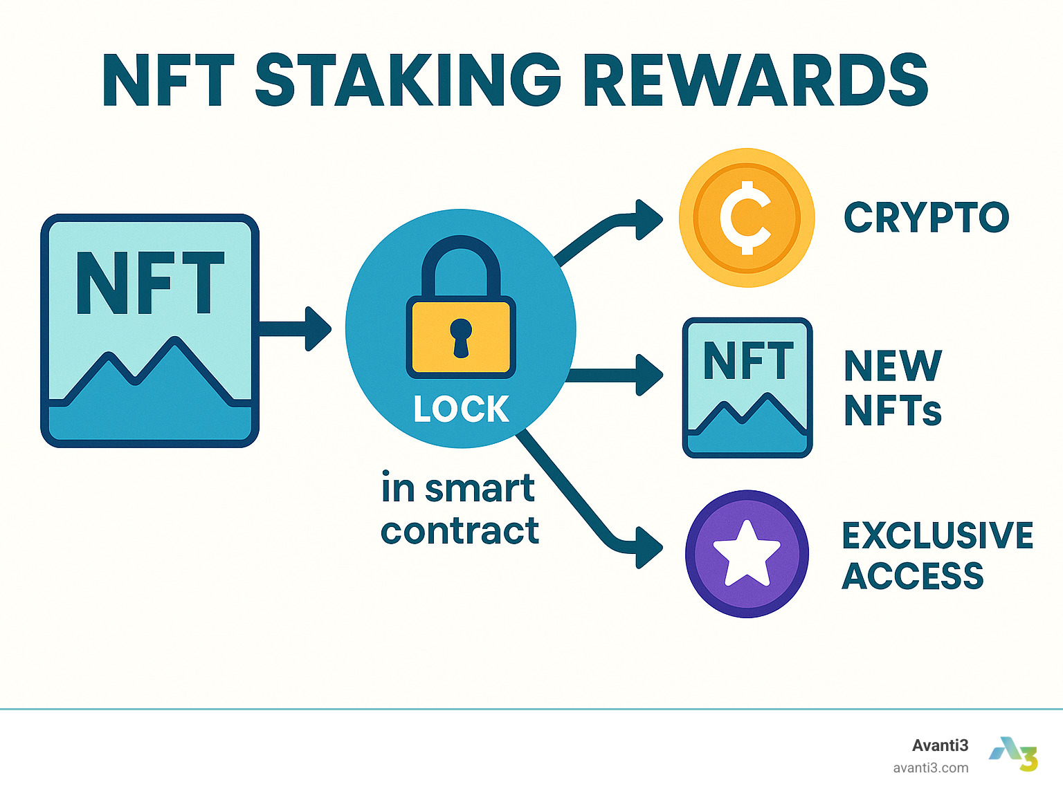 Infographic showing how locking NFTs in a smart contract leads to earning crypto, new NFTs, or exclusive access - NFT staking rewards infographic 