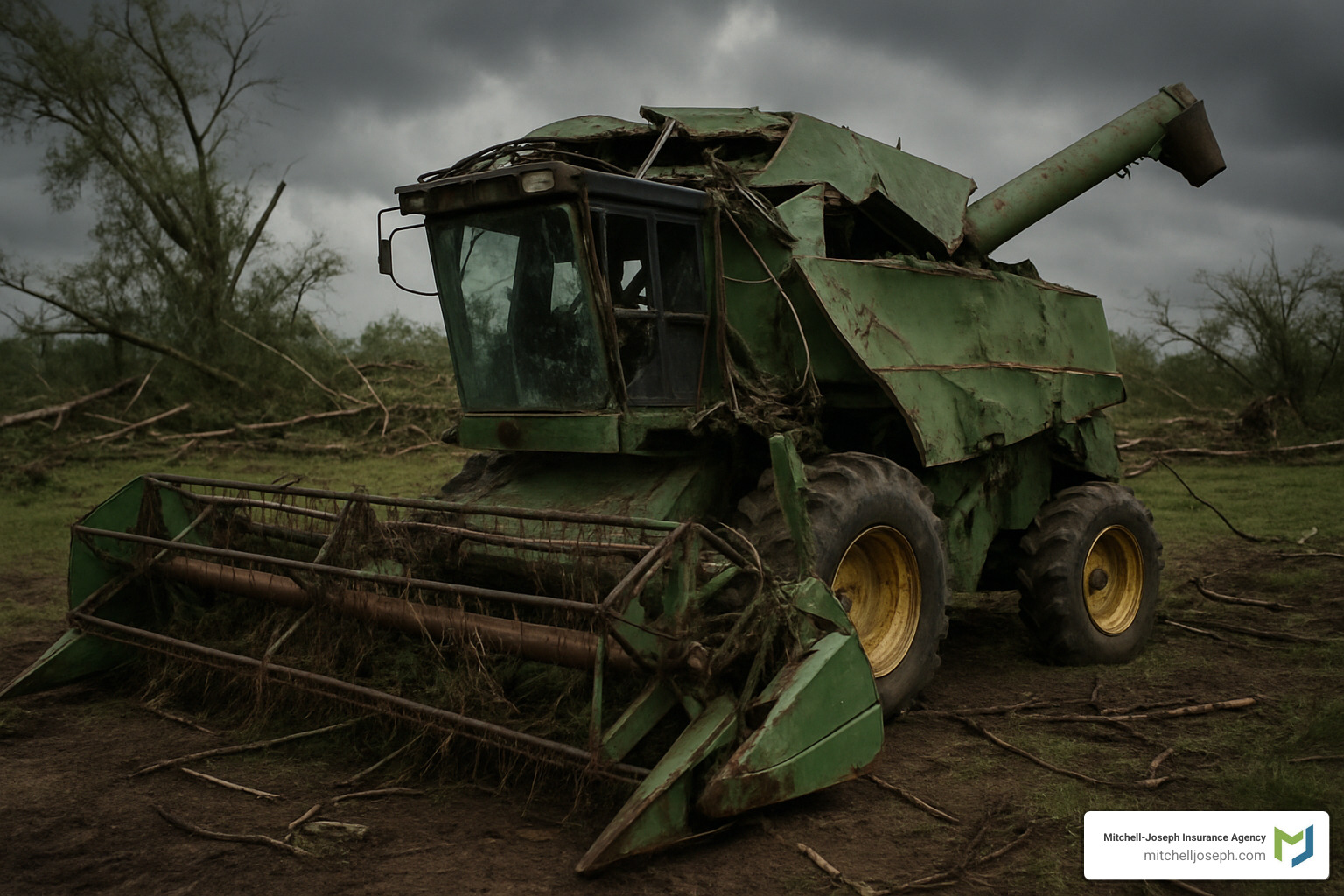 22883da1576c14cf2db3f195759519406414167f Farm Equipment Coverage Made Simple Understand agricultural equipment insurance. Protect your valuable farm machinery, ensure continuity, and secure your financial future. combine harvester damaged after a storm - agricultural equipment insurance