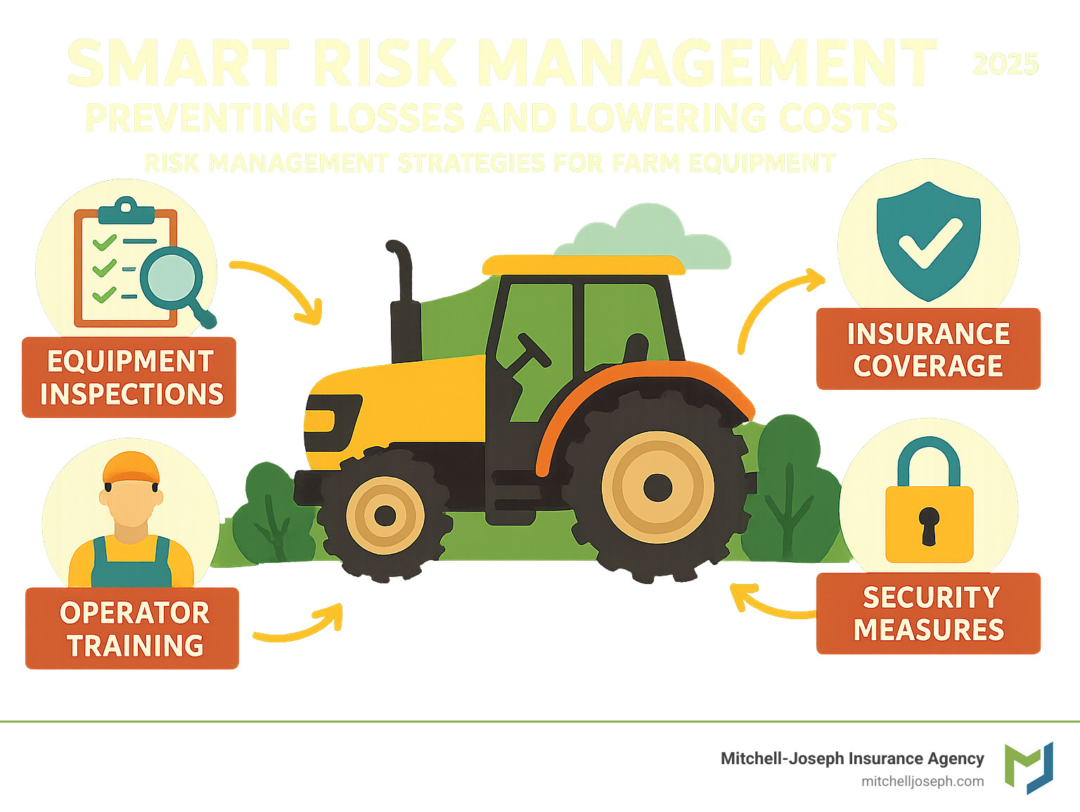 183665be021d3df4309a0928c9d04113acd2499e Farm Equipment Coverage Made Simple Understand agricultural equipment insurance. Protect your valuable farm machinery, ensure continuity, and secure your financial future. infographic showing risk management strategies for farm equipment - agricultural equipment insurance infographic