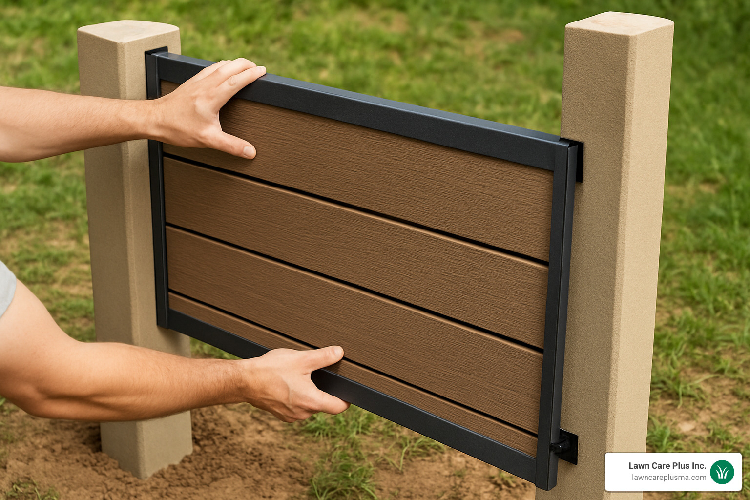 A composite fence panel being slid into brackets between two posts - composite fencing installation