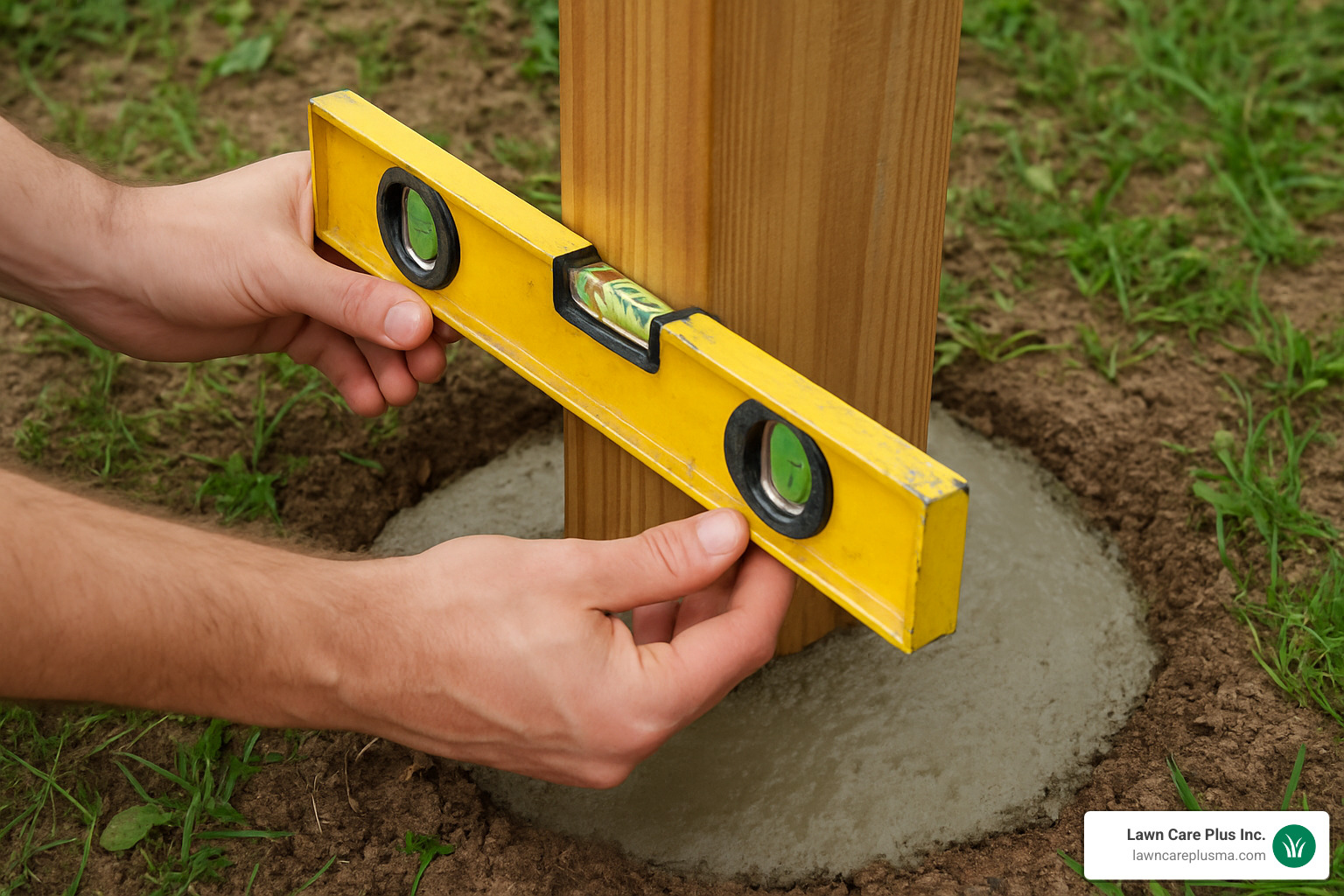 A fence post being checked with a level while set in a concrete-filled hole - composite fencing installation