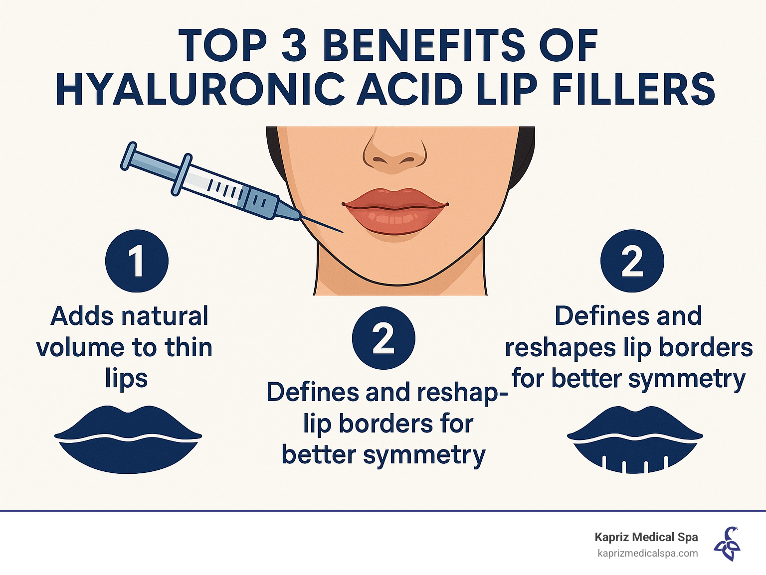 Infographic showing the top 3 benefits of hyaluronic acid lip fillers: adding natural volume to thin lips, defining and reshaping lip borders for better symmetry, and smoothing vertical lines around the mouth area - affordable lip fillers jacksonville fl infographic