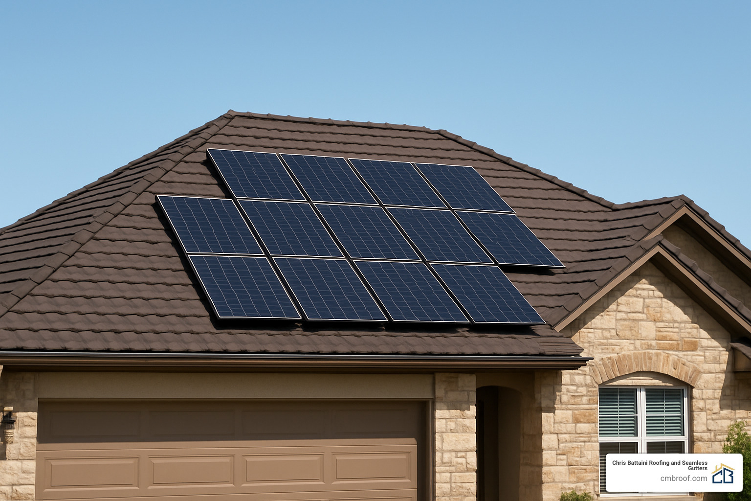solar panels neatly installed on a finished stone coated steel roof - stone coated steel roofing installation