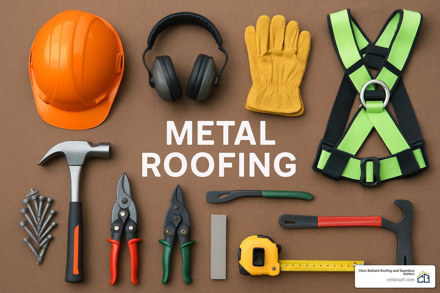 essential tools and safety gear for metal roofing laid out neatly - stone coated steel roofing installation