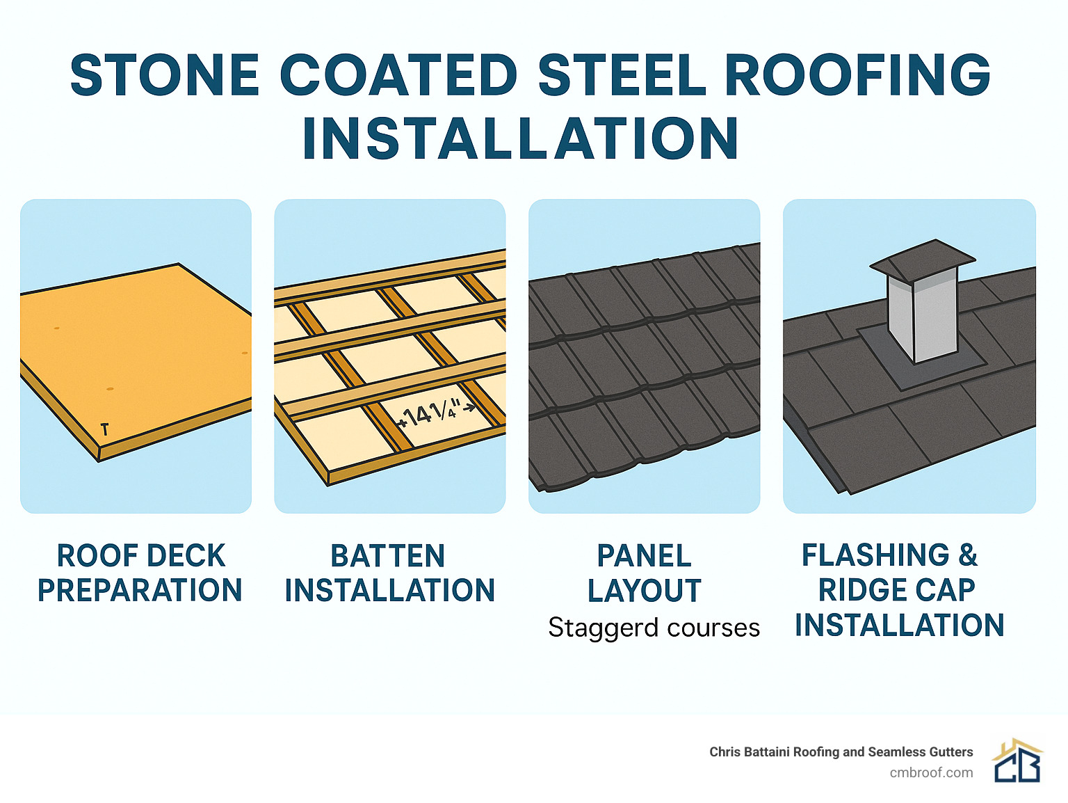 Stone coated steel roofing installation process showing roof deck preparation, batten installation at 14¼ inch spacing, panel layout from bottom-up in staggered courses, flashing around penetrations, and ridge cap installation - stone coated steel roofing installation infographic