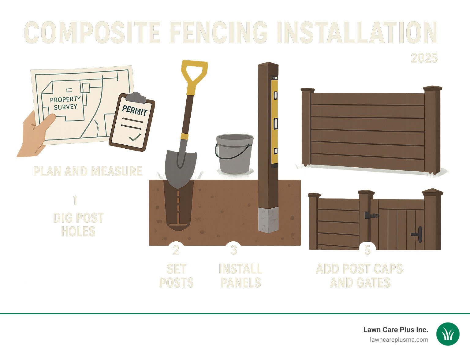 Infographic showing the composite fencing installation process: 1) Planning and measuring with property survey and permits, 2) Digging post holes one-third fence height deep, 3) Setting posts in concrete with proper spacing, 4) Installing panels between posts with brackets, 5) Adding post caps and gates as finishing touches - composite fencing installation infographic 