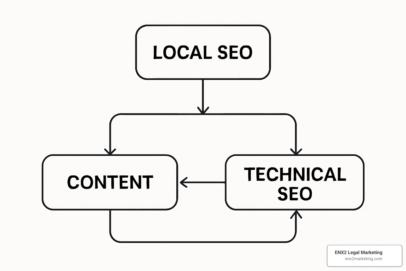 Flowchart showing the relationship between Local SEO, Content, and Technical SEO - family law attorney SEO