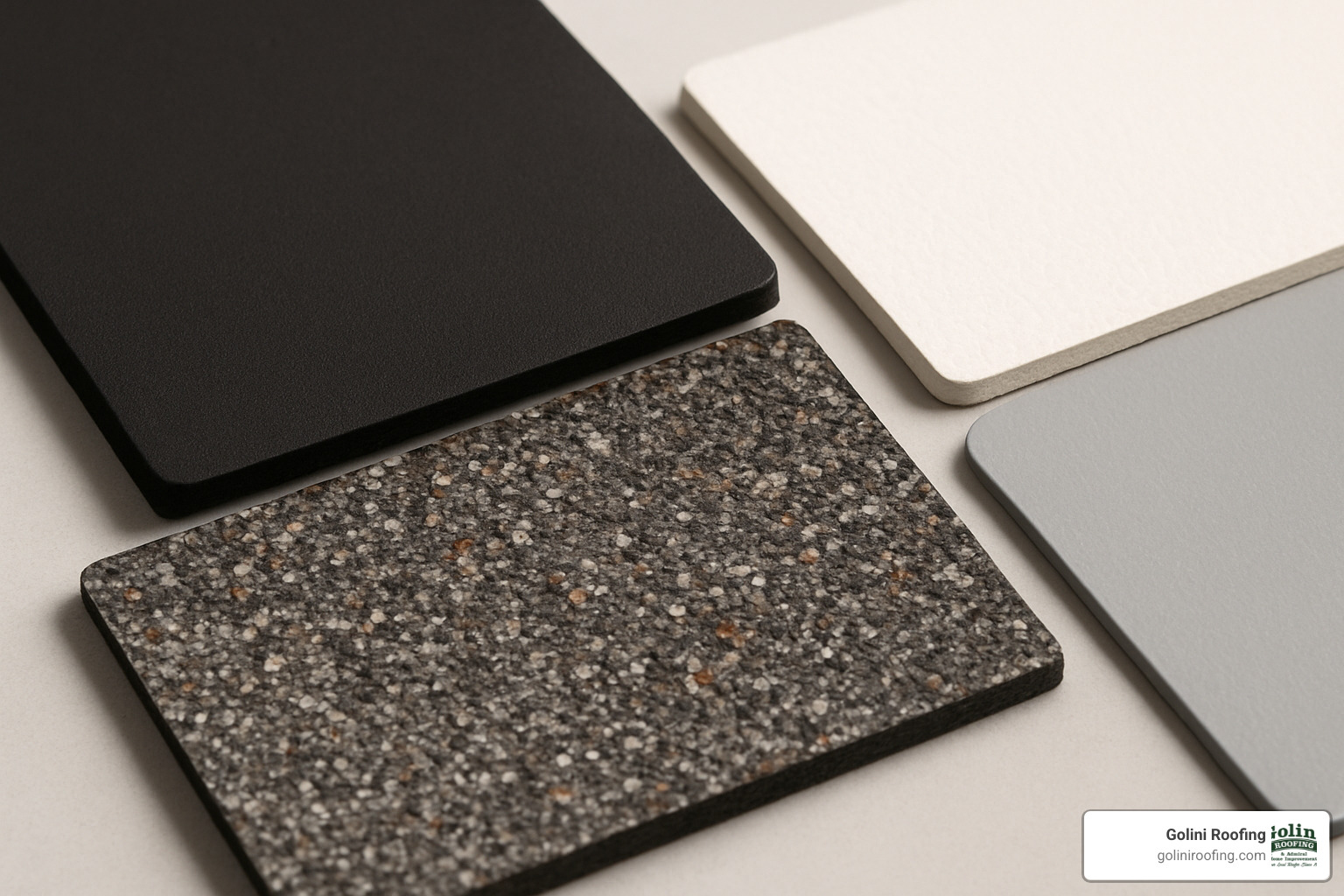 Various flat roofing material samples including EPDM, TPO, modified bitumen, and PVC membranes - Flat roof repair Winchester