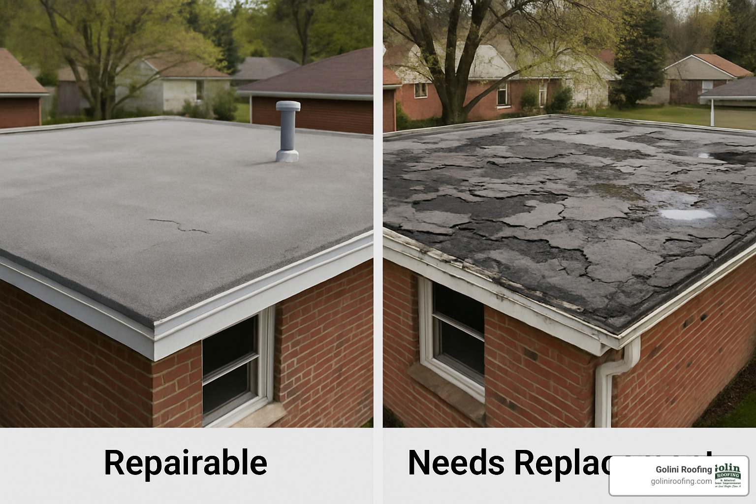 Comparison image showing a flat roof with minor repairable damage versus one requiring complete replacement - Flat roof repair Winchester