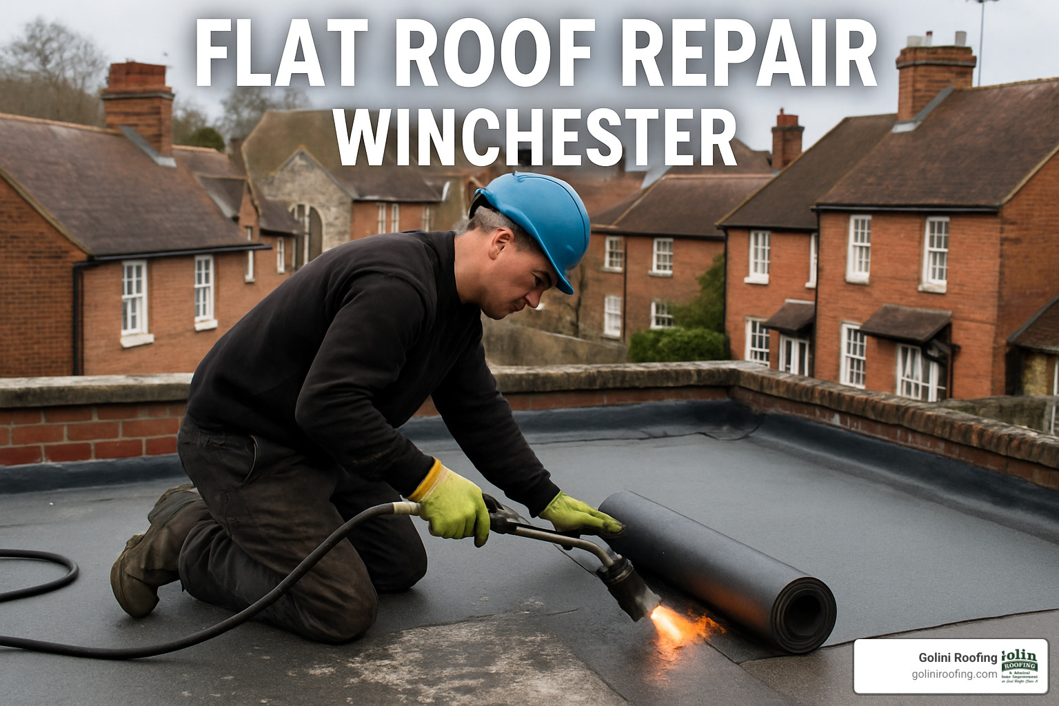 Professional roofer conducting detailed inspection of flat roof with tools and safety equipment - Flat roof repair Winchester