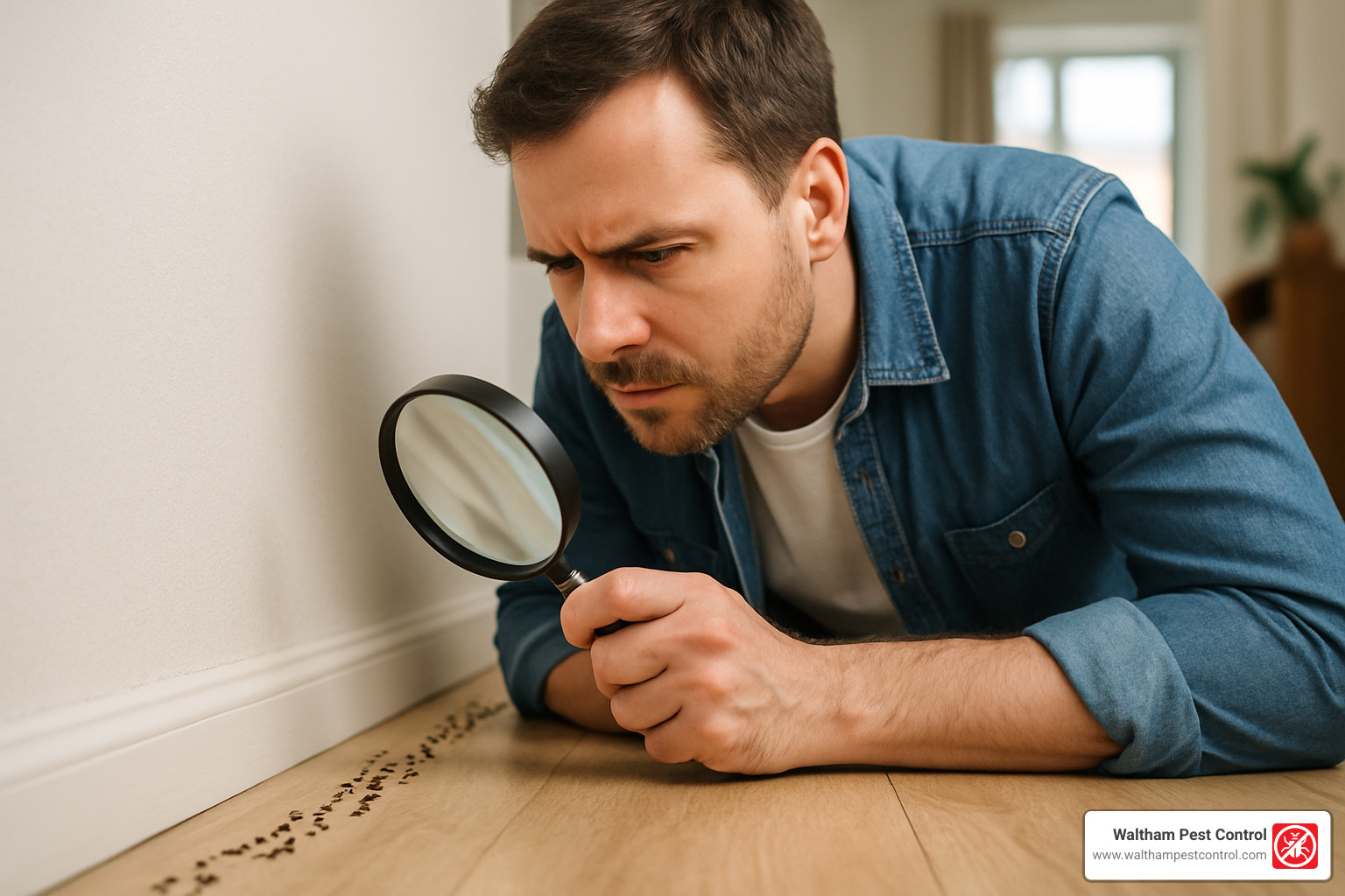 homeowner inspecting an ant trail with a magnifying glass - ant infestation in home