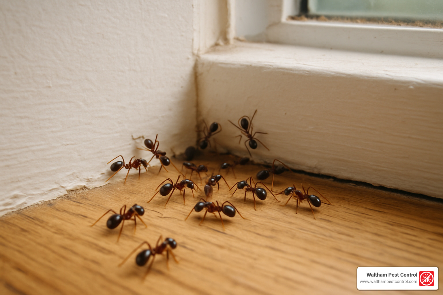 ants entering a home through a small crack near a window sill - ant infestation in home