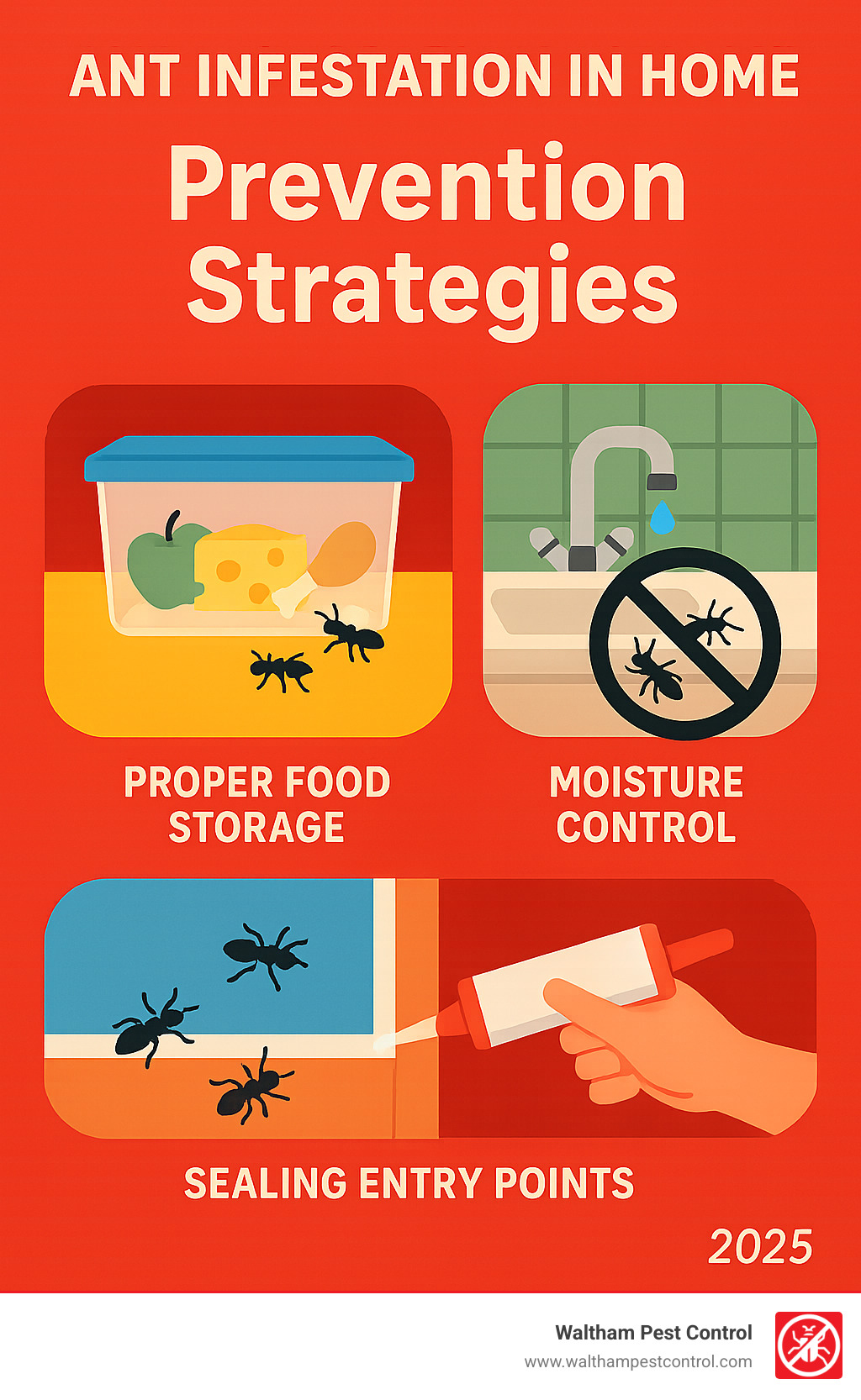 Infographic showing prevention strategies: proper food storage, moisture control, and sealing entry points - ant infestation in home infographic 