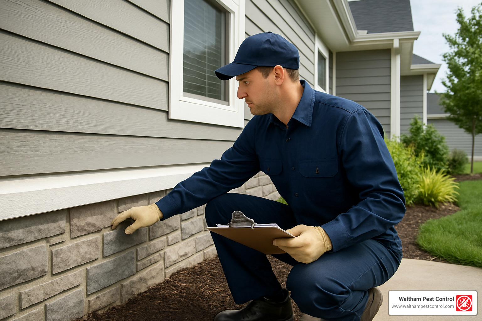 uniformed pest control technician inspecting the exterior of a home - ant infestation in home