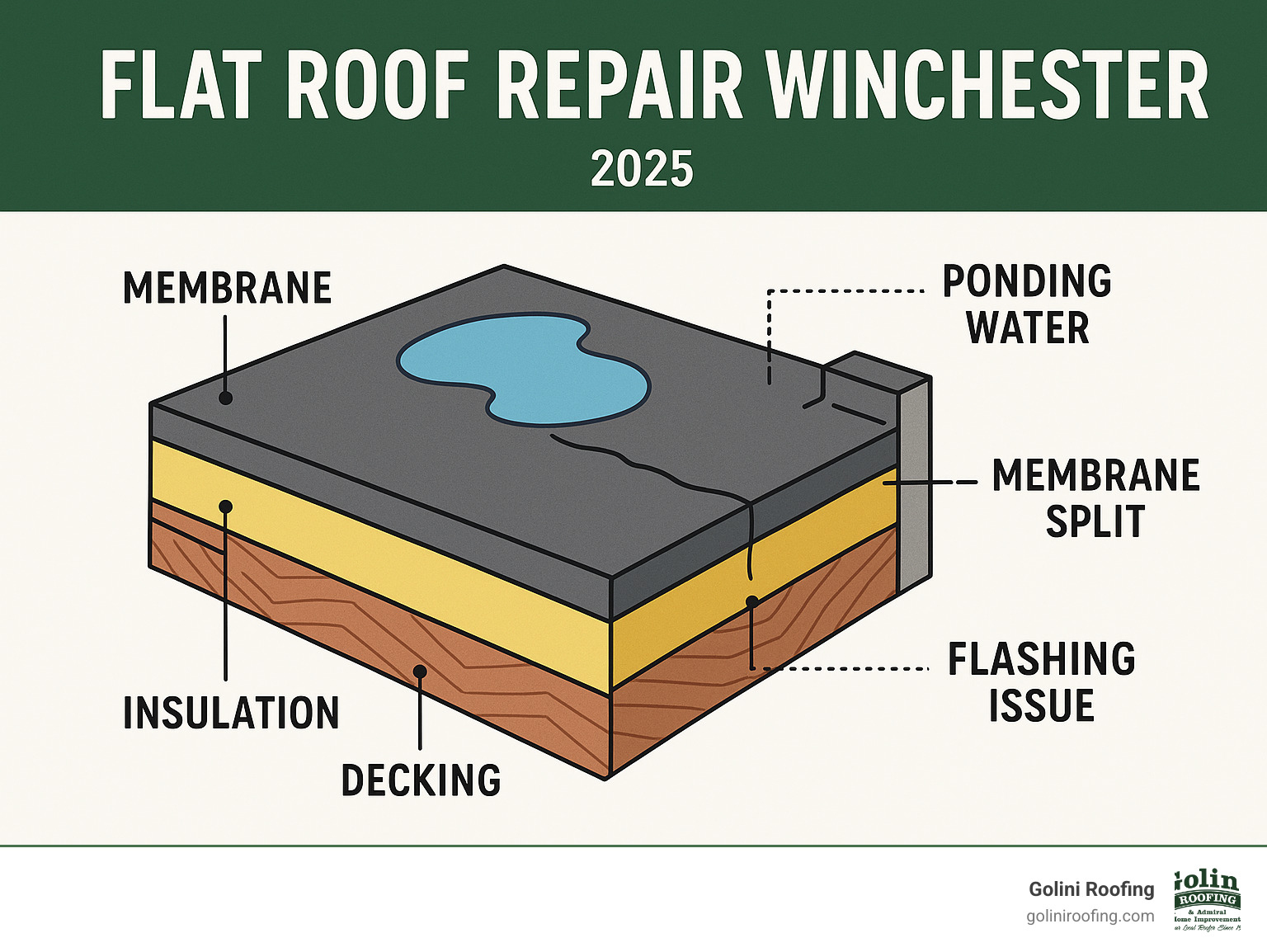Infographic showing cross-section of flat roof system with membrane layers, insulation, decking, and common problem areas like ponding water, membrane splits, and flashing issues - Flat roof repair Winchester infographic