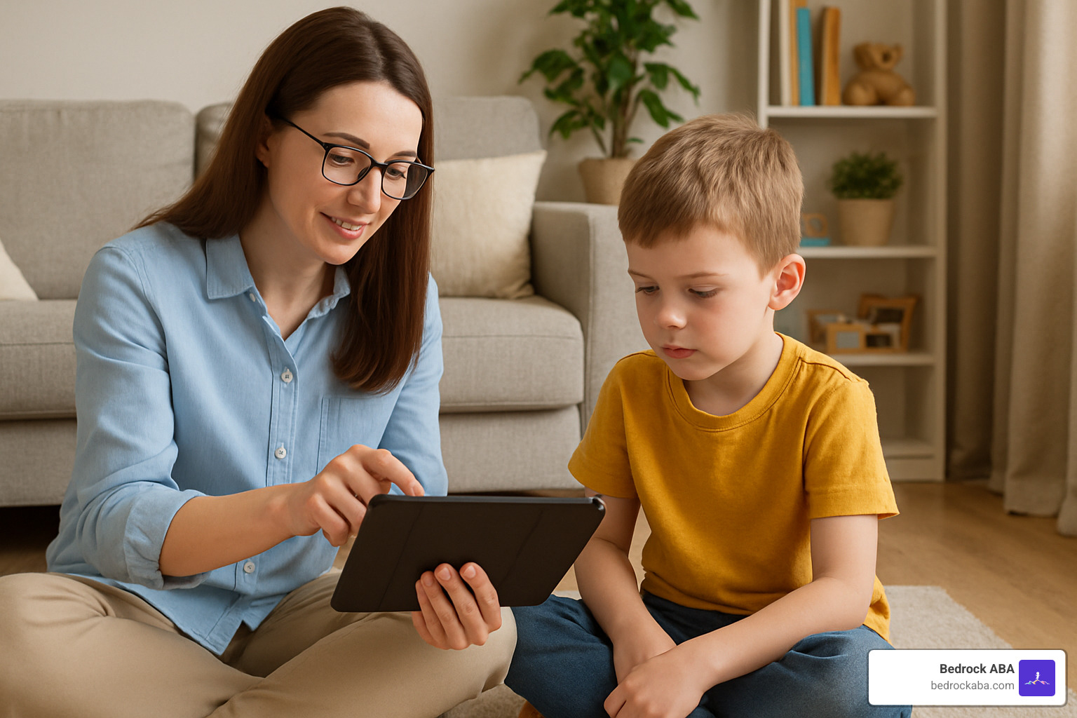 Therapist working with a child at home on a tablet - aba therapy early intervention