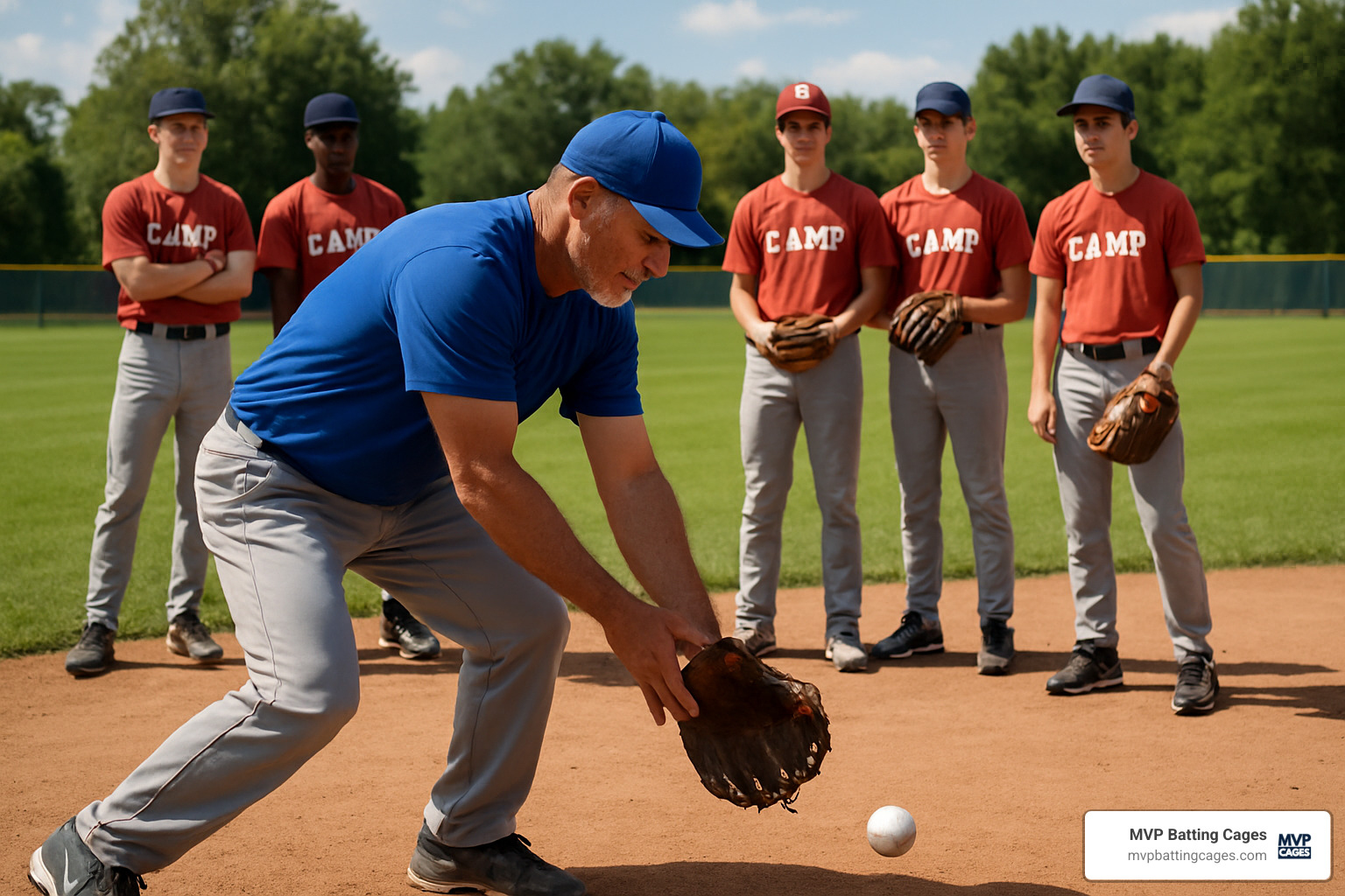 coach demonstrating fielding technique to teenage campers - baseball camps for 15 year olds