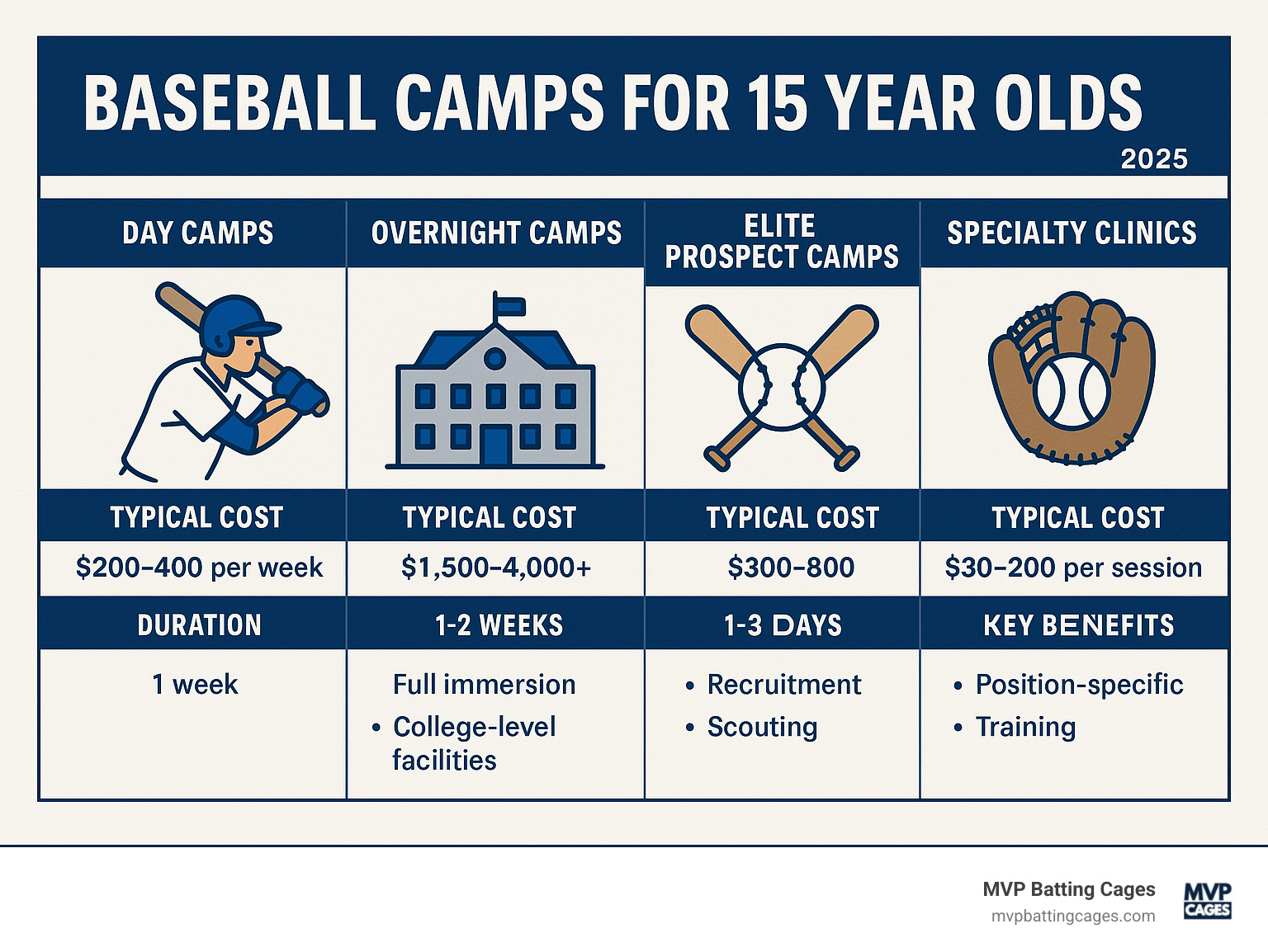 Comprehensive guide showing the four main types of baseball camps: Day Camps featuring local convenience and flexible scheduling, Overnight Camps with full immersion and college-level facilities, Elite Prospect Camps focused on recruitment and scouting, and Specialty Clinics offering position-specific training - each with typical costs, duration, and key benefits for 15-year-old players - baseball camps for 15 year olds infographic 