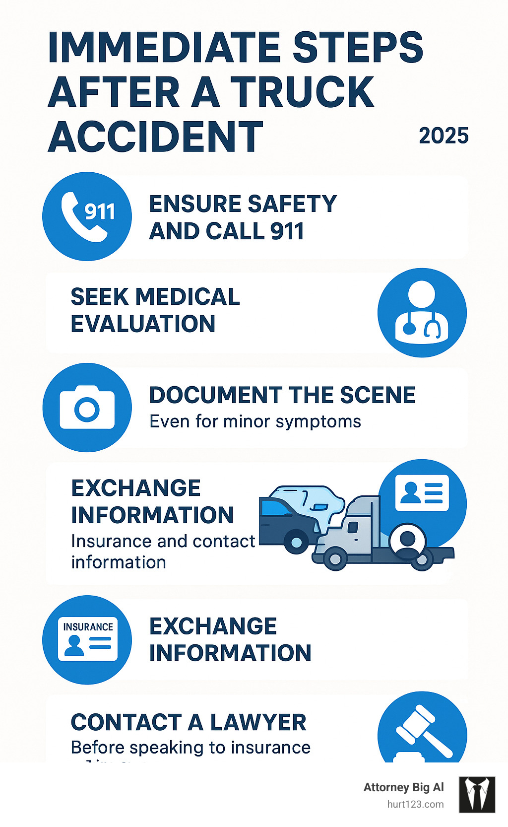 Comprehensive infographic showing the 5 immediate steps after a truck accident: 1) Ensure safety and call 911, 2) Seek medical evaluation even for minor symptoms, 3) Document the scene with photos and witness information, 4) Exchange insurance and contact details with all parties, 5) Contact a truck accident lawyer before speaking to insurance adjusters - truck accident injury claim infographic 