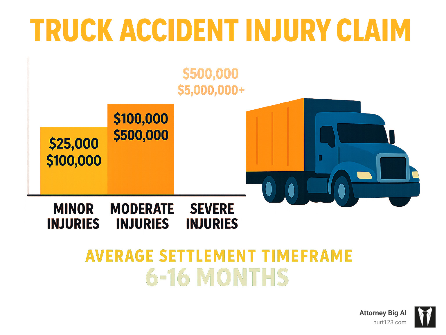 Statistical infographic showing truck accident settlement ranges: Minor injuries $25,000-$100,000, Moderate injuries $100,000-$500,000, Severe injuries $500,000-$5,000,000+, with average settlement timeframes of 6-16 months - truck accident injury claim infographic 