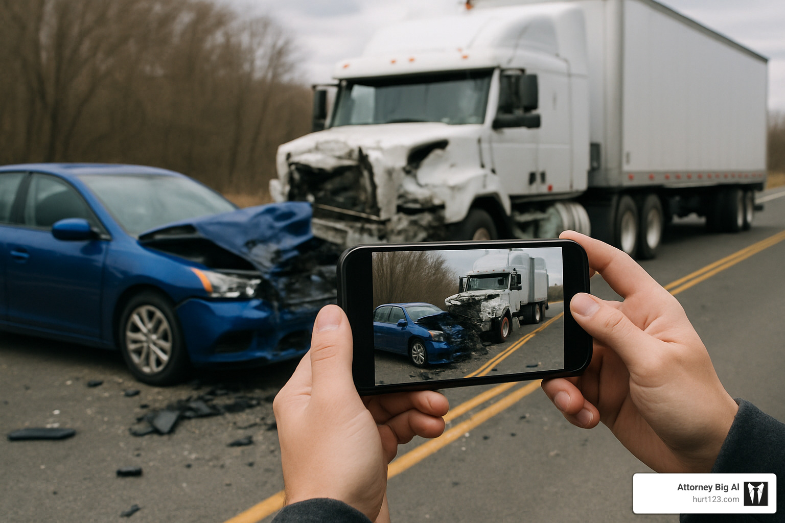 person taking photos of vehicle damage and accident scene with smartphone - truck accident injury claim