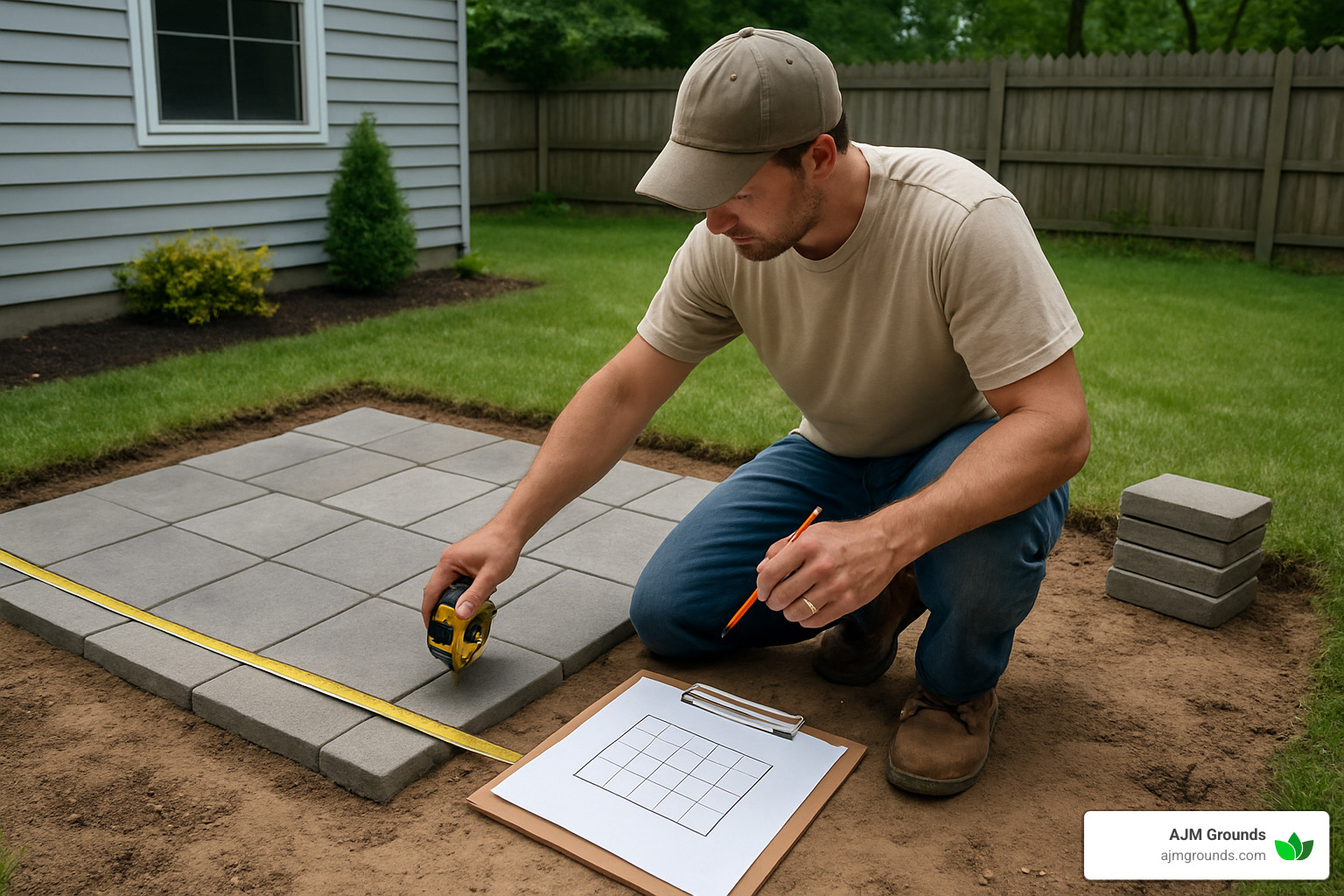 Contractor measuring and planning a patio layout in a backyard - patio contractors near me