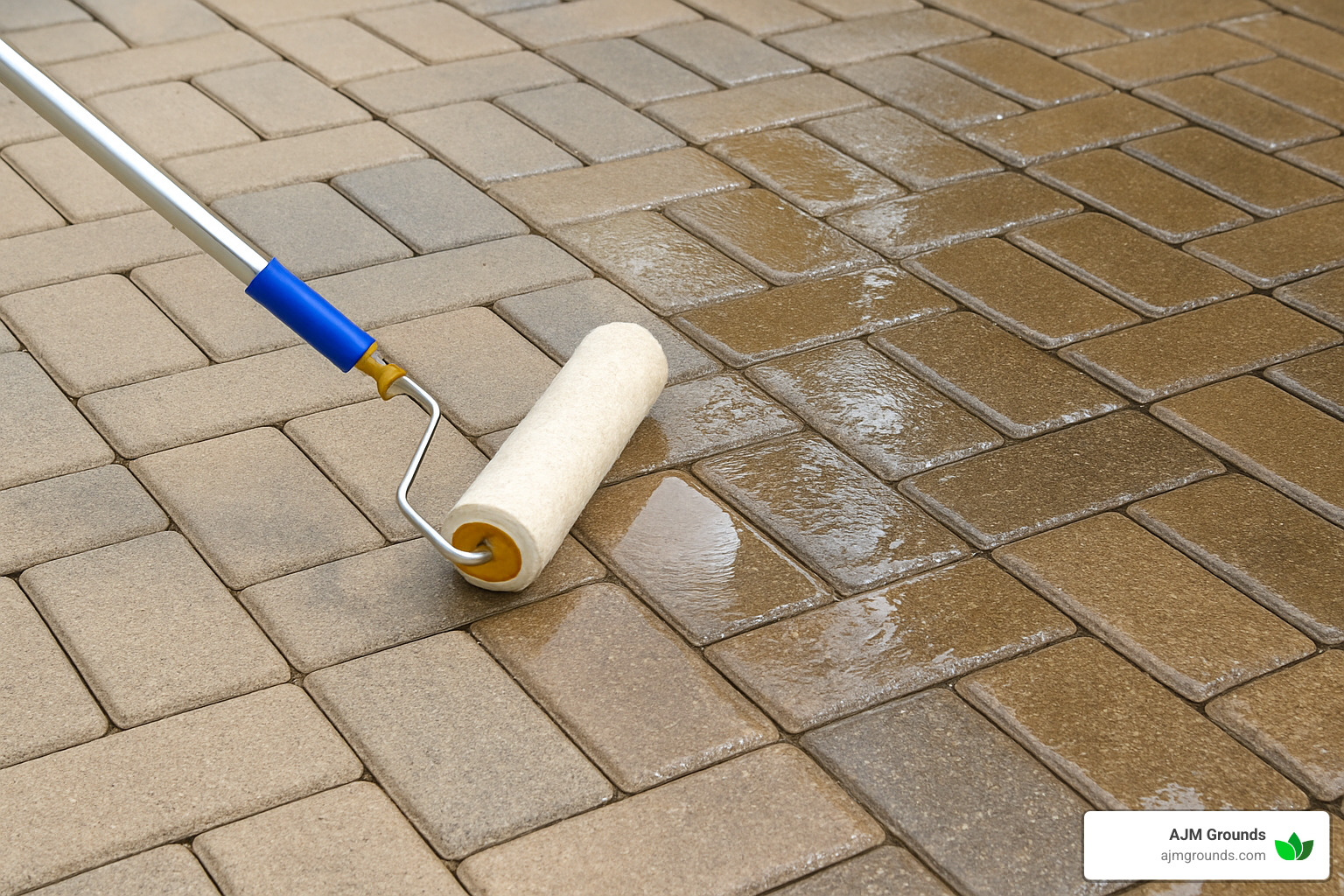 Clean paver patio being sealed with a roller - patio contractors near me