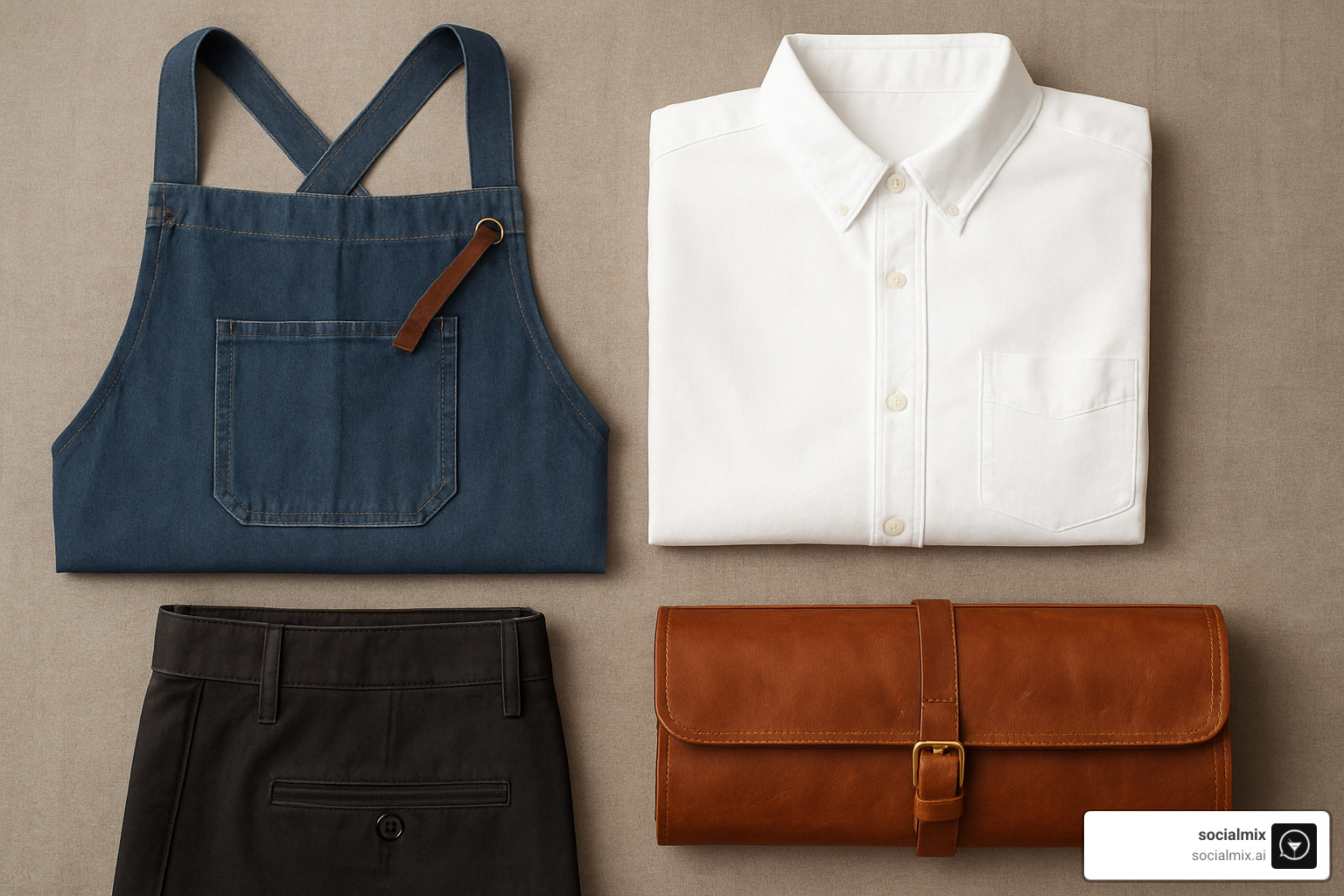 flat lay showcasing different uniform components: a cross-back denim apron, a crisp white button-down shirt, dark chinos, and a leather bar tool roll - Trendy bar staff uniforms
