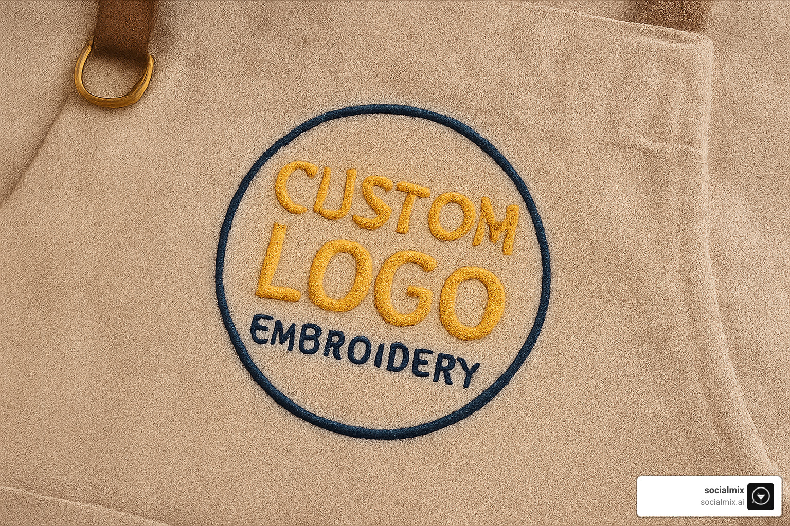 close-up shot of custom logo embroidery on the chest of a canvas apron - Trendy bar staff uniforms