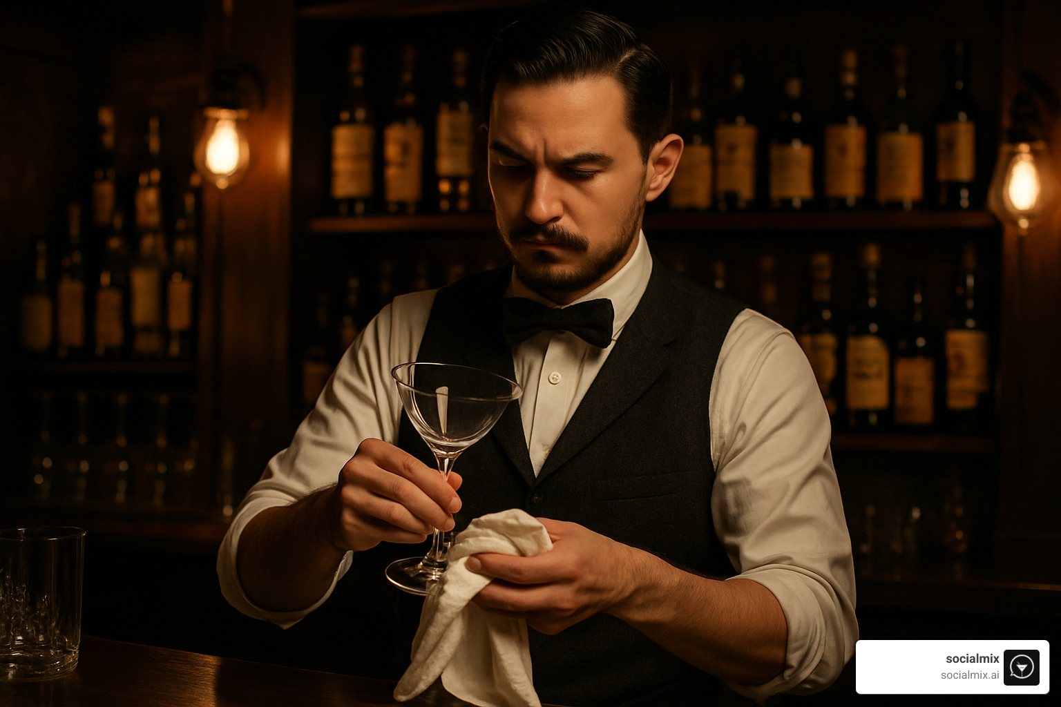bartender in a dimly lit speakeasy, wearing a vest and bow tie while polishing a classic cocktail glass - Trendy bar staff uniforms