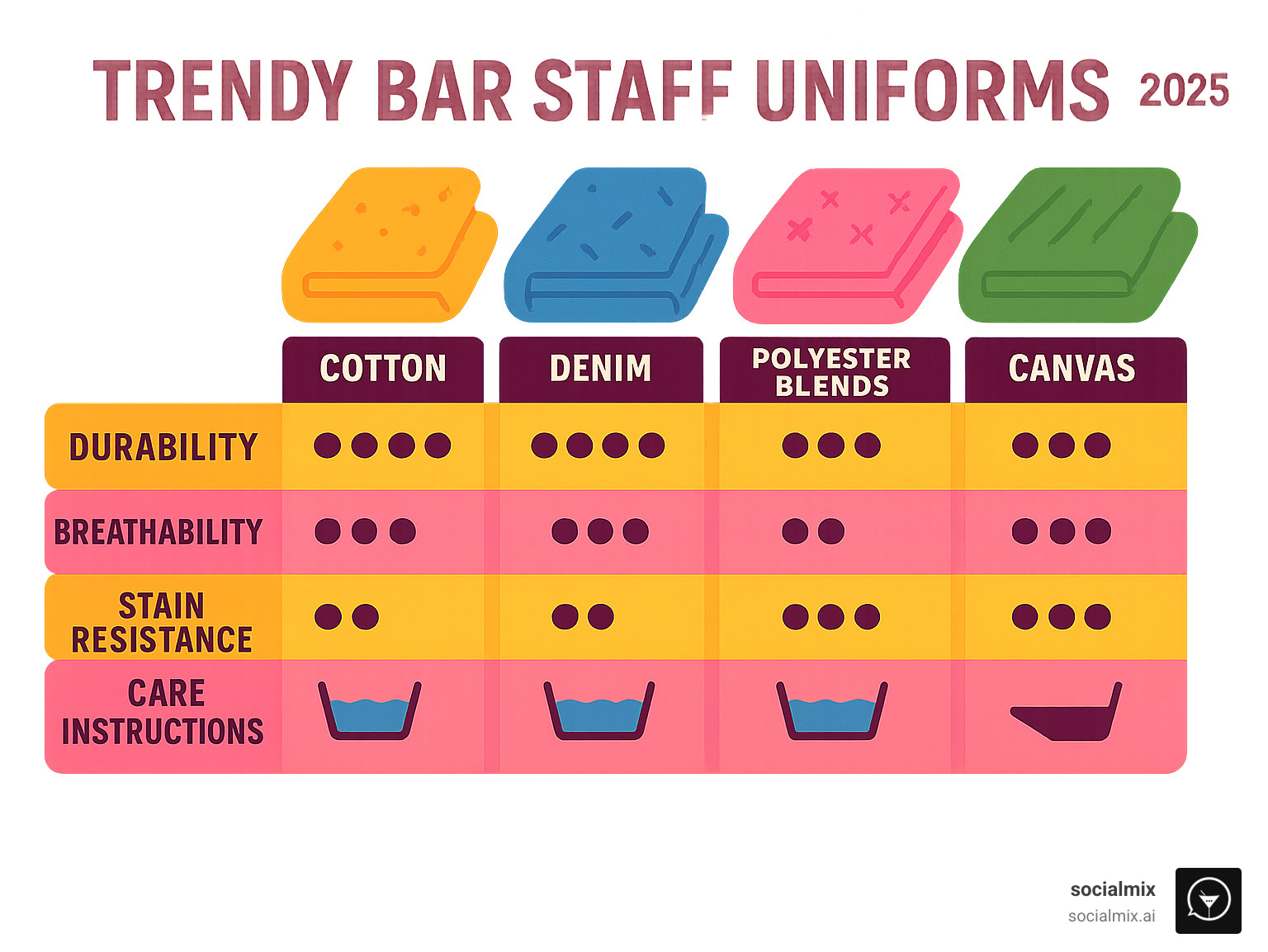 Comparison chart showing Cotton vs Denim vs Polyester Blends vs Canvas ratings for Durability, Breathability, Stain Resistance, and Care Instructions - Trendy bar staff uniforms infographic 