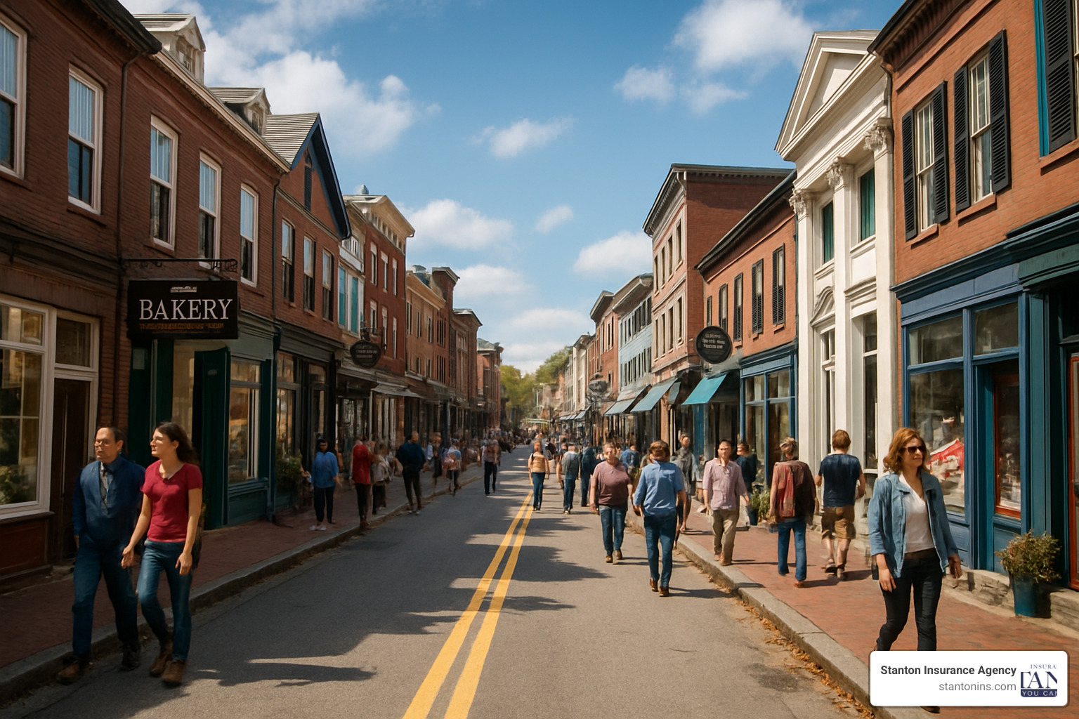 busy New England main street with various small businesses - business income insurance