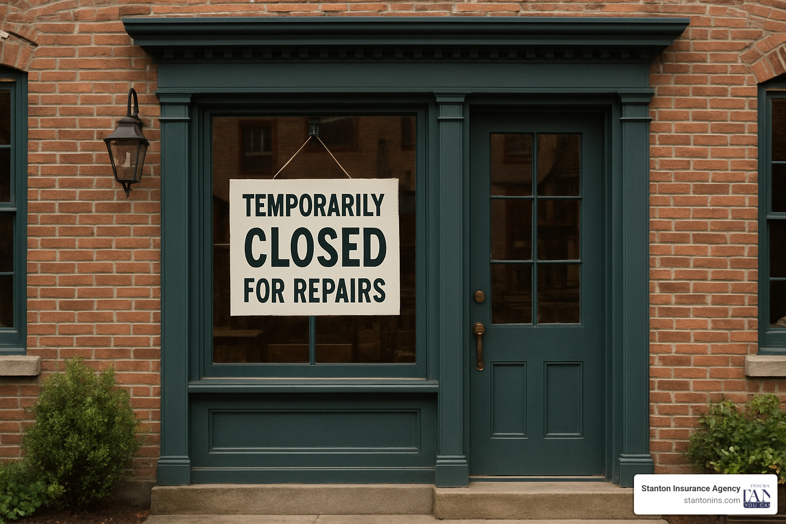 Temporarily Closed for Repairs sign on a New England brick shop - business income insurance