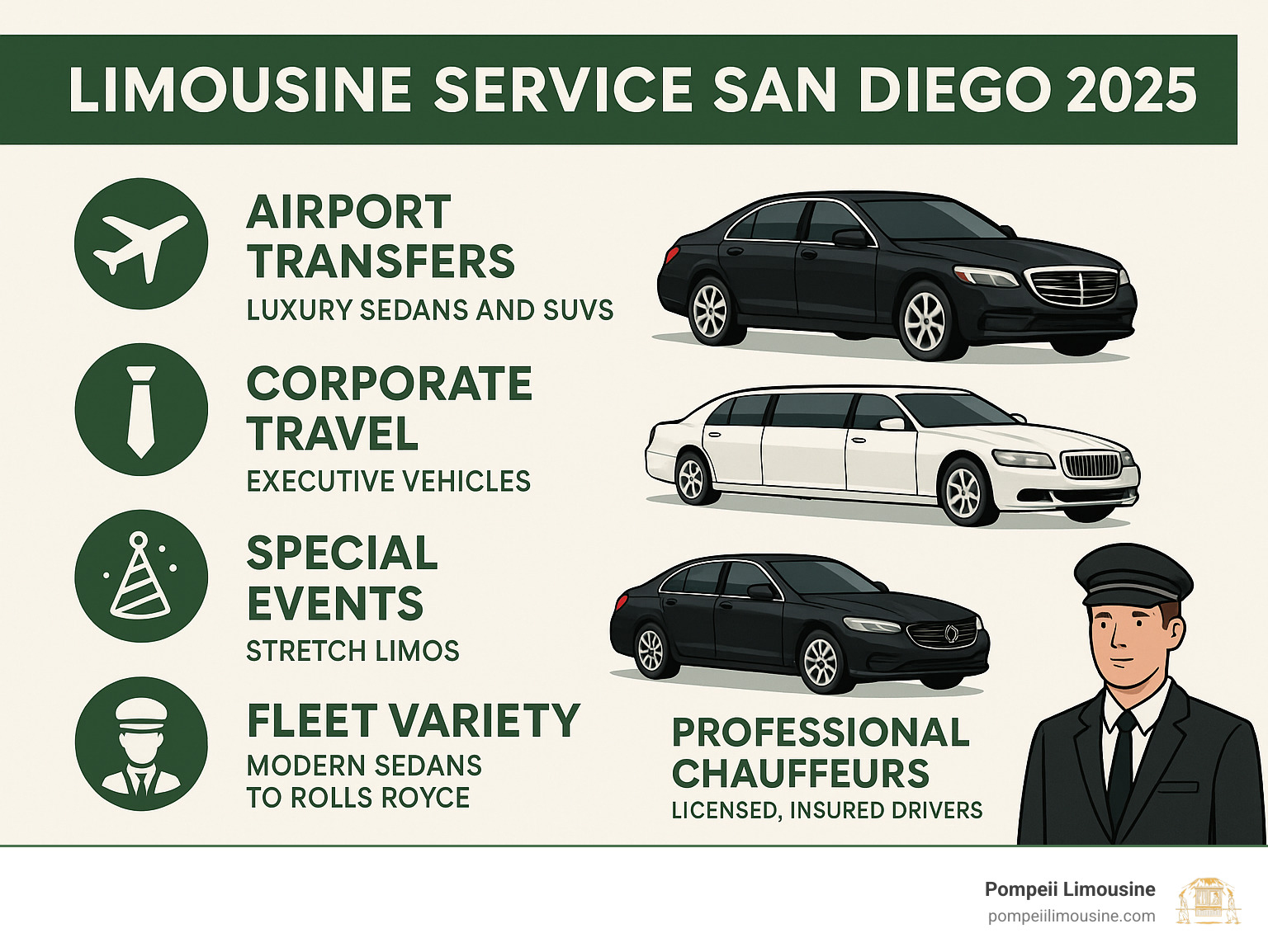 Infographic showing San Diego limousine service types including airport transfers with luxury sedans and SUVs, corporate travel options with executive vehicles, special event transportation featuring stretch limos, fleet variety from modern sedans to Rolls Royce collection, and professional chauffeur services with licensed insured drivers - limousine service san diego infographic 