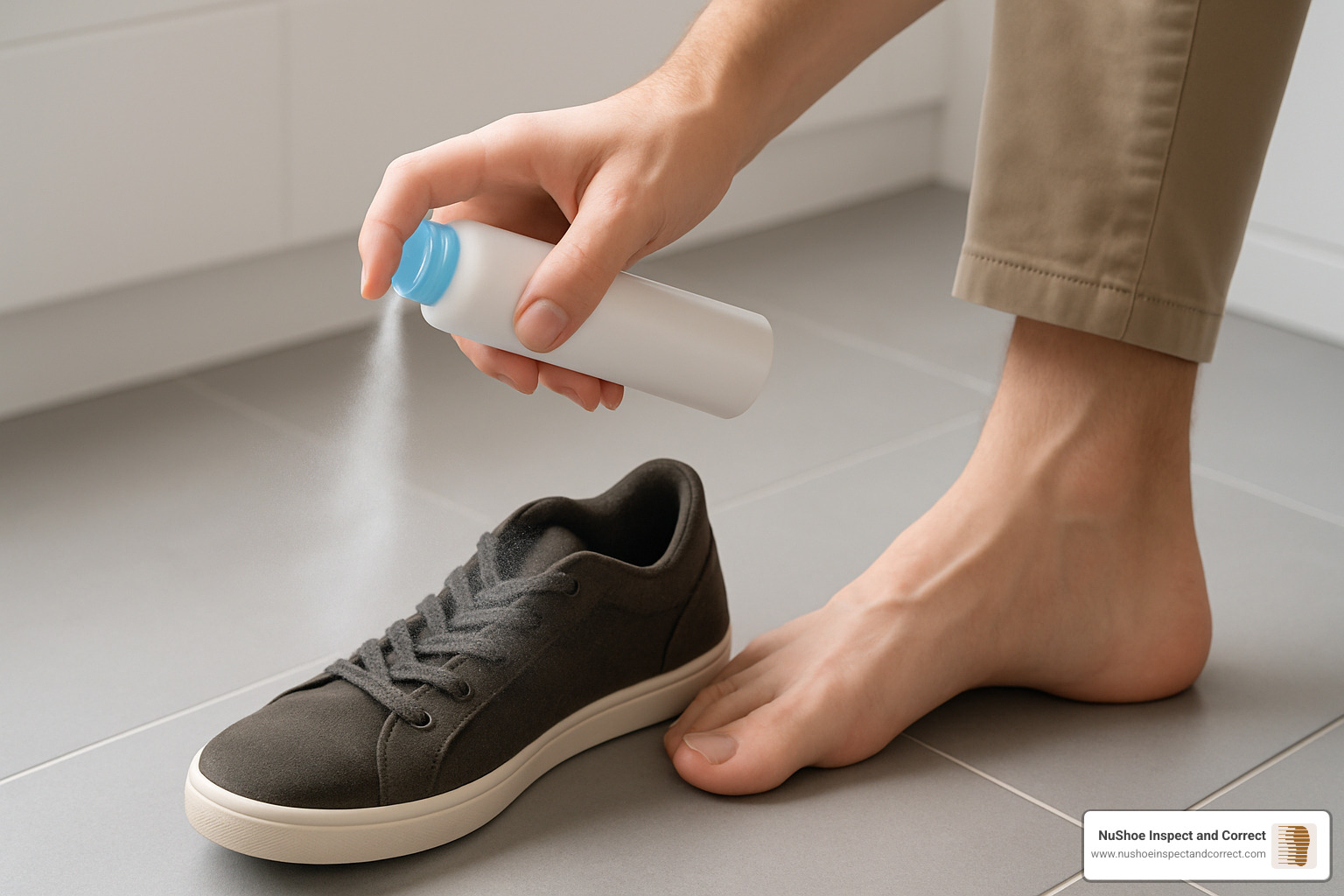 illustrating the correct way to spray feet and shoes - foot odour spray