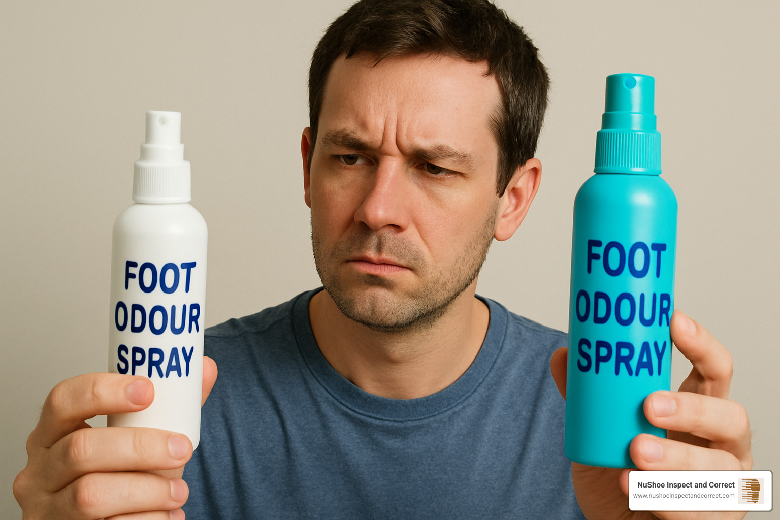 person comparing different types of foot odour spray bottles - foot odour spray