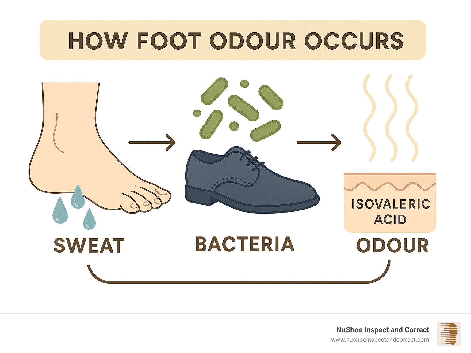 Infographic showing how sweat glands on feet produce moisture that combines with bacteria in dark, enclosed shoes to create odour-causing compounds like isovaleric acid, with arrows illustrating the process from sweat production to bacterial growth to odour formation - foot odour spray infographic 