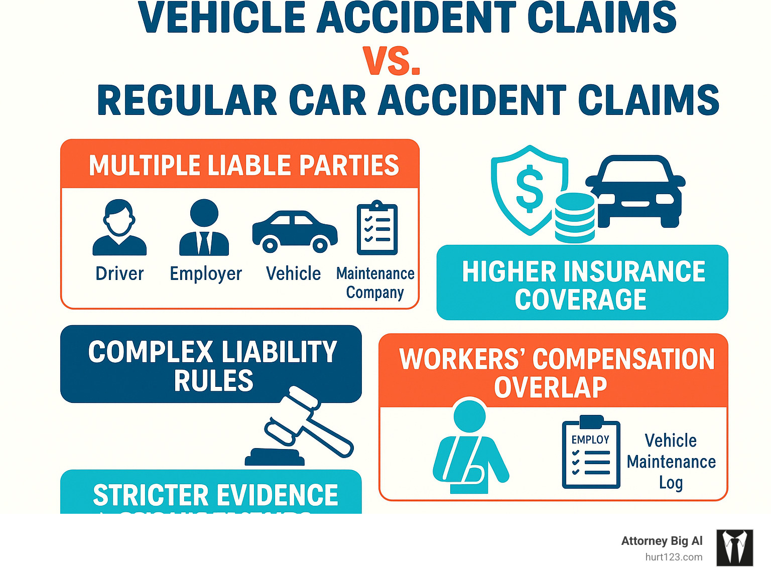 Infographic showing the key differences between regular car accident claims and company vehicle accident claims, including multiple liable parties (driver, employer, vehicle owner, maintenance company), higher insurance coverage limits, complex liability rules like respondeat superior, workers' compensation overlap for employee drivers, and stricter evidence requirements including employment records and vehicle maintenance logs - company vehicle accident lawyer infographic 