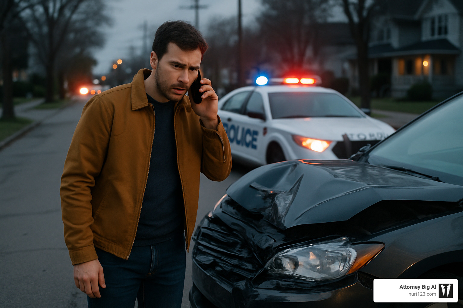 person on the phone at an accident scene with a police car in the background - company vehicle accident lawyer