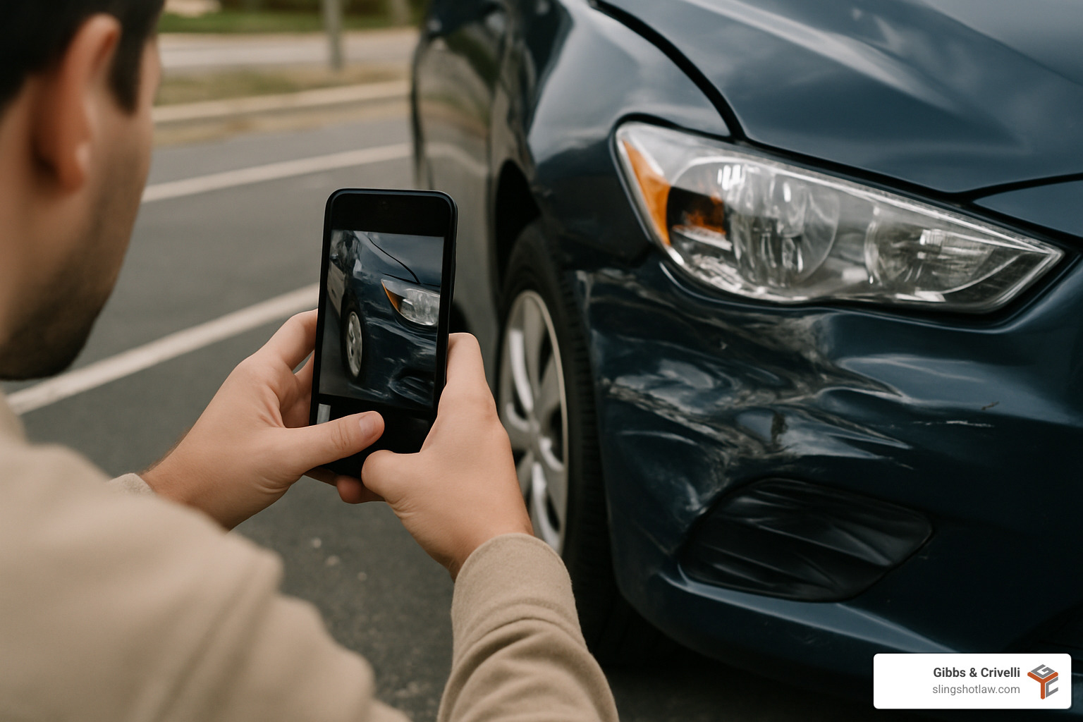 person taking a photo of car damage with their phone - texas motorcycle accident attorney
