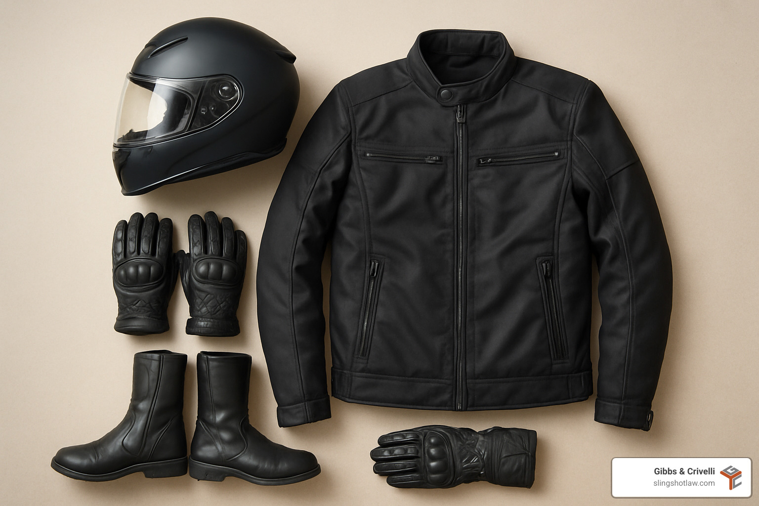 motorcycle helmet and protective gear laid out - texas motorcycle accident attorney