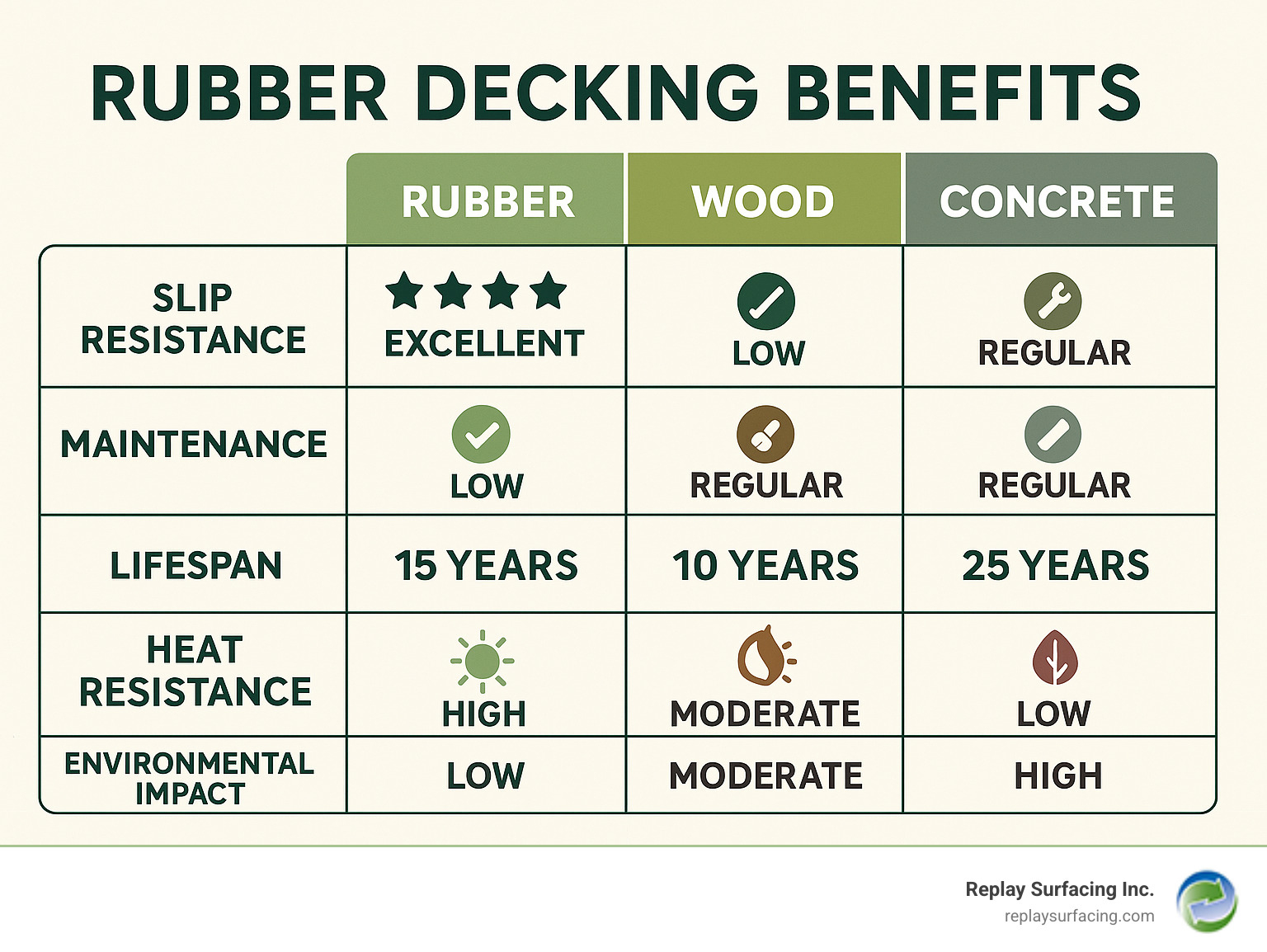 Infographic showing rubber decking benefits compared to wood and concrete: slip resistance ratings, maintenance requirements, lifespan comparisons, heat resistance levels, and environmental impact scores - rubber decking infographic 