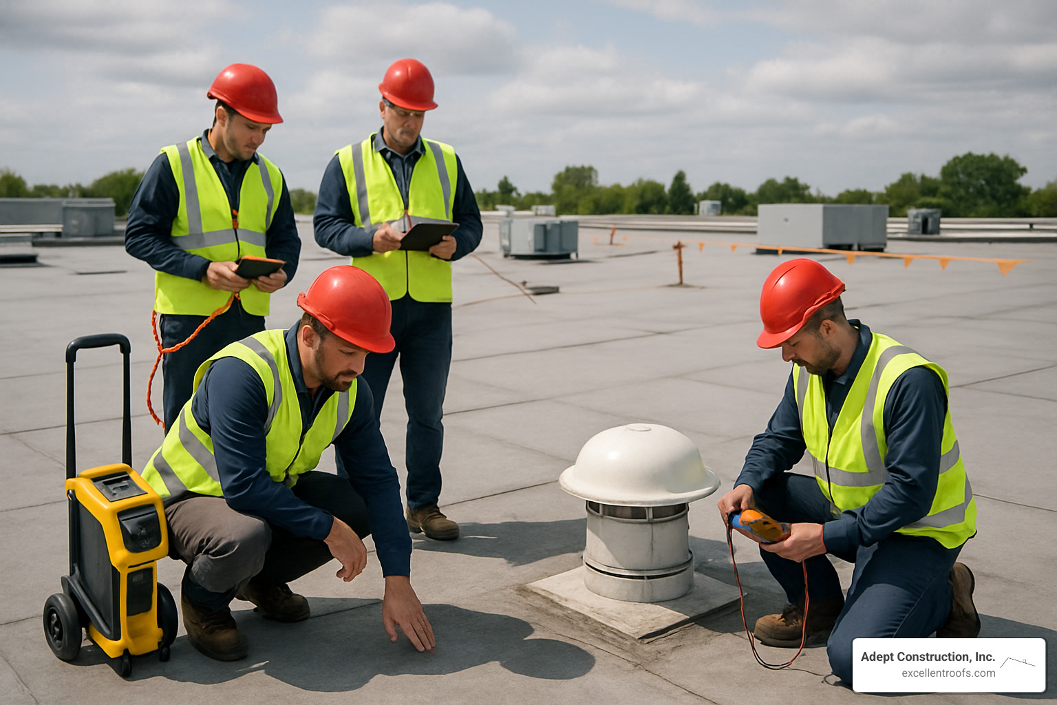 Professional roofing crew conducting a thorough maintenance inspection on a large commercial flat roof with safety equipment and diagnostic tools - commercial roofing illinois