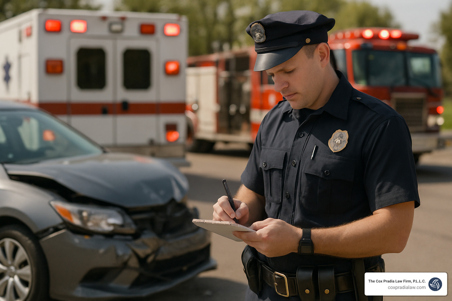 accident scene with police officer taking notes while emergency vehicles respond in background - Rideshare accident lawyer Houston