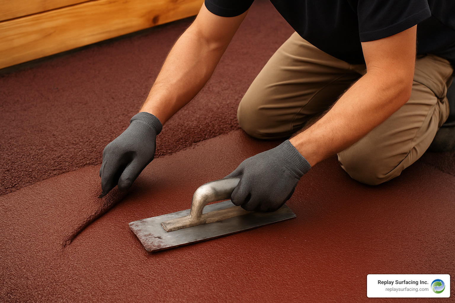 Professional installer smoothing a poured rubber surface with specialized tools - rubber decking