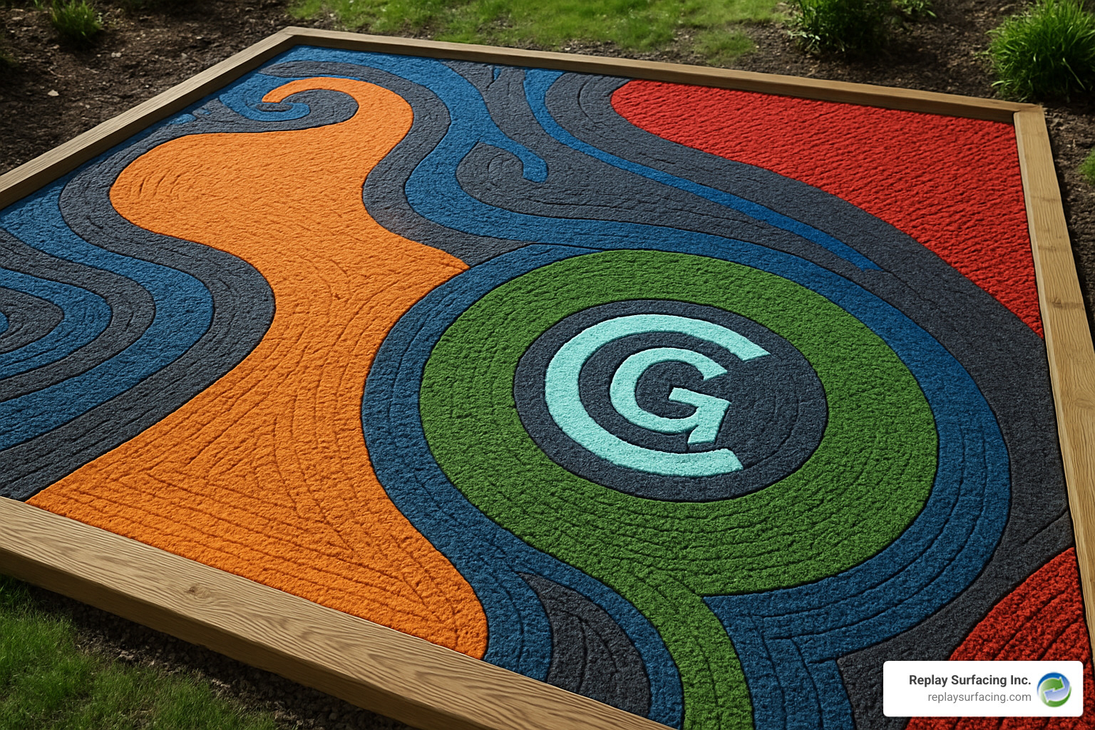 Highly customized rubber deck featuring an intricate pattern with company logo and multiple color zones - rubber decking