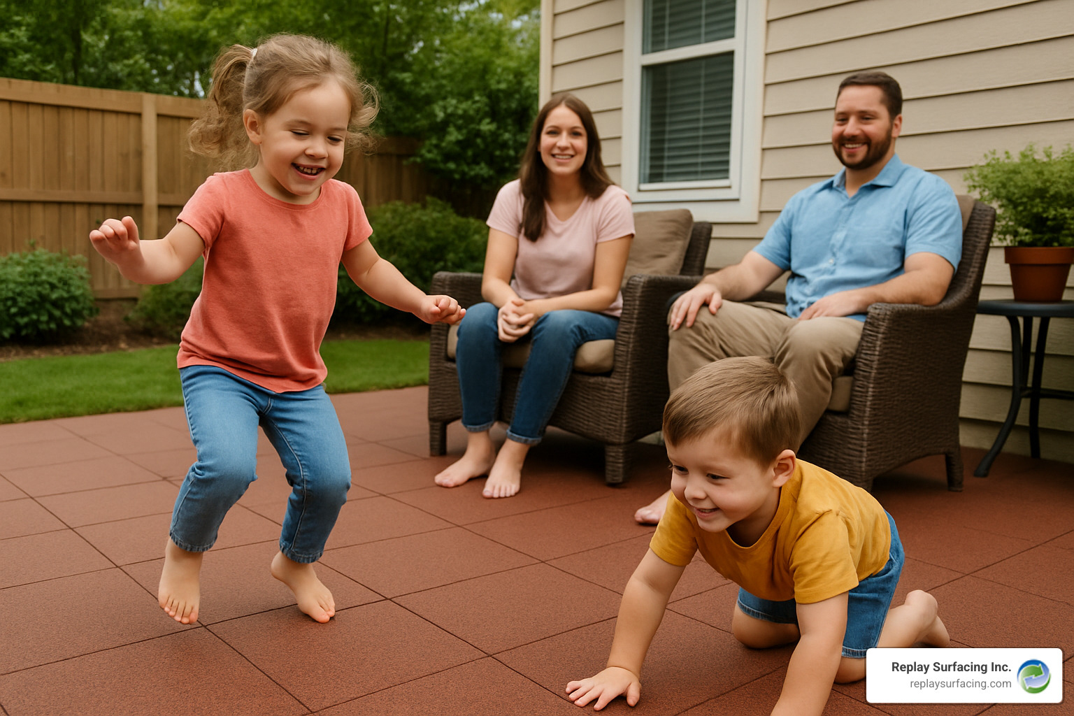 A family enjoying a safe, soft rubber patio area with children playing safely on the cushioned surface - rubber decking