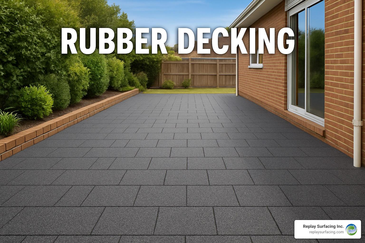 Side-by-side comparison showing rubber tiles, poured rubber surface, and rubber roll installations - rubber decking