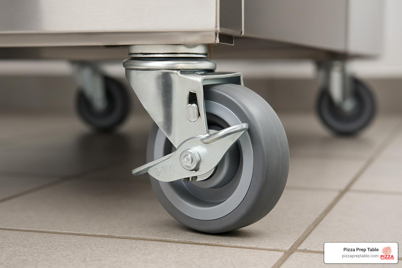 Dukers pizza prep table casters showing locking mechanism and mobility features - Dukers pizza prep table